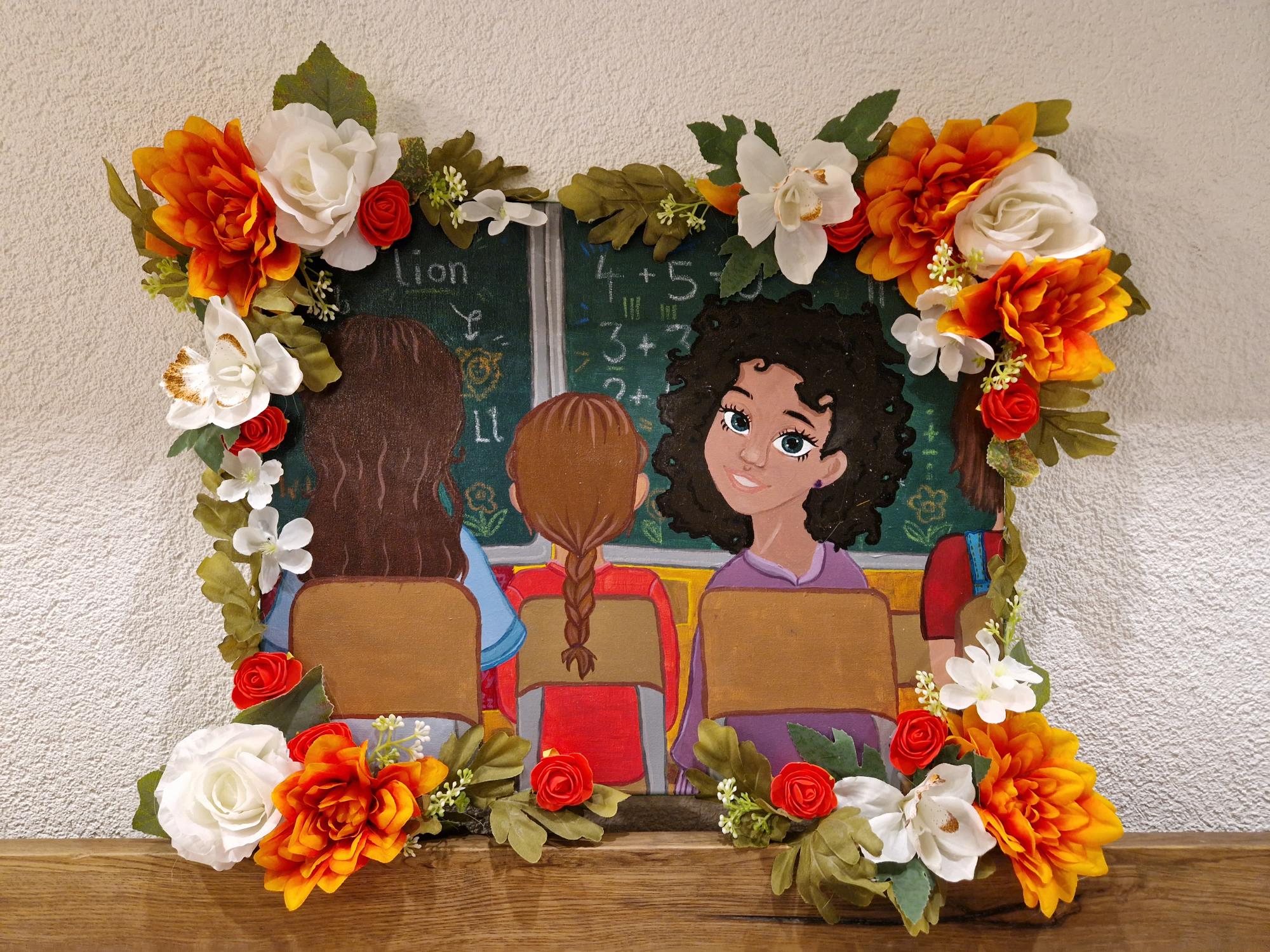 Gemälde von drei Mädchen mit Blumen
